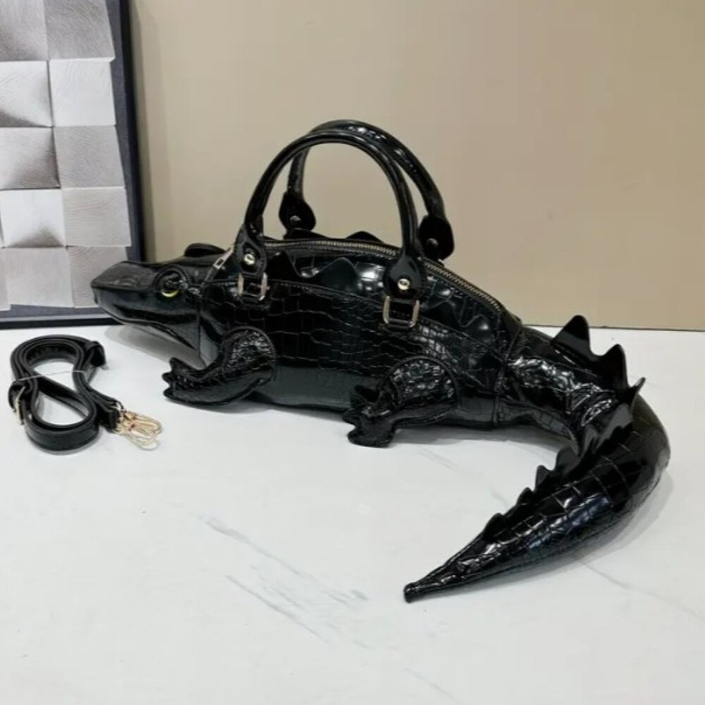 🖤 Black Crocodile Patent Leather Shaped Handbag w/strap Novelty Statement! - Picture 5 of 10